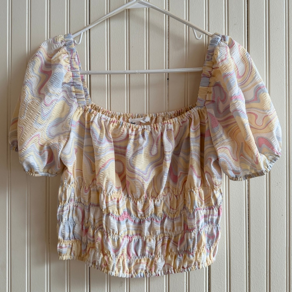 Elodie Smocked Square Neck Puff‎ Sleeve Crop Boho Top Swirl Pastel Print Trendy
